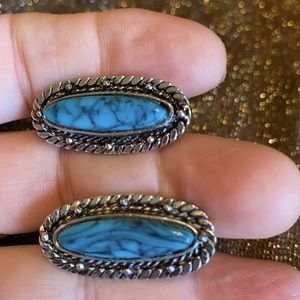 VTG silver tone faux turquoise oval cuff links